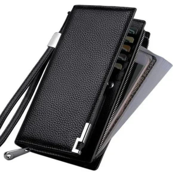 New Long Black Leather Wallet for Men Zippered Leather Wallet RFID - Picture 4 of 12